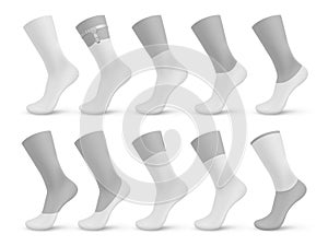 Socks types. Realistic blank different pairs of stocking, 3D templates set of no-show, low-cut, ankle, mid calf, over