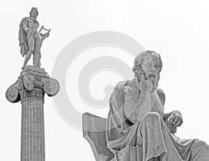 Socrates the ancient Greek philosopher and Apollo the god of arts, music and poetry, Athens Greece.