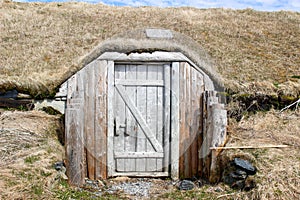 Sod church by Atlantic Ocean in Newfoundland