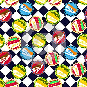 Soda bottle caps pattern vector on blue and white checkered background.