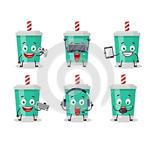 Soda bottle cartoon character are playing games with various cute emoticons