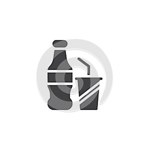 Soda bottle and paper cup with straw vector icon