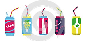 Soda cans. Cartoon fizzy sweet summer drinks in metal bottles with plastic straws. Fruit juice carbonated water set. Glasses for