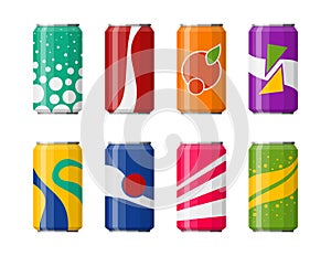 Soda in colored aluminum cans set icons isolated on white background. Soft drinks sign. Carbonated non-alcoholic water