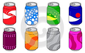 Soda in colored aluminum cans set icons isolated on white background. Soft drinks sign. Carbonated non-alcoholic water with