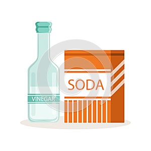 Soda in a craft paper bag and glass bottle of vinegar, baking ingredients vector Illustration