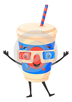 Soda cup character in 3d cinema glasses. Cartoon icon