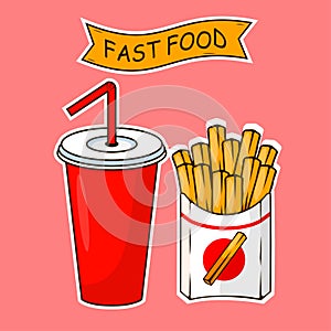 Soda cup with straw. french fries, fried potatoes in paper box isolated on background. Lemonade drink. Fast food concept. Vector