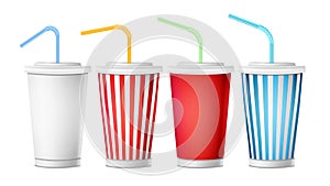 Soda Cup Template Vector. 3d Realistic Paper Disposable Cups Set For Beverages With Drinking Straw. Isolated On White