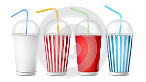Soda Cup Template Vector. 3d Realistic Paper Disposable Cups Set For Beverages With Drinking Straw. Isolated On White