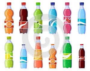 Soda drink bottles. Soft drinks in plastic bottle, sparkling soda and juice drink. Fizzy beverages isolated vector