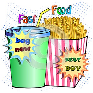 Soda drink and french fries vector poster.