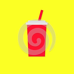 Soda drink glass with straw. Fast food menu. Red paper cup. I love movie cinema. Flat design. Yellow background. Isolated