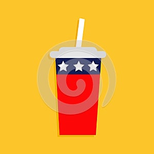 Soda drink glass with straw icon. Cinema icon in flat design style. American flag Stars and strips. Isolated. Red and blue color.