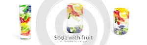 Soda with fruit pieces isolated on white background. Fruit coctails. Soft drink with fruits.