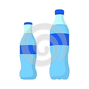 Soda. Mineral water. Water in plastic and in glass bottle. Flat design