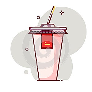 Soda paper disposable cup with drinking straw. Colorful vector illustration.