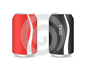 Soda Red and Black Metal Aluminum can. Soda drink with sugar and without sugar can in realistic style isolated on white