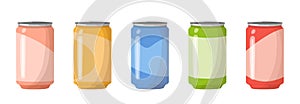Soda set in aluminum cans. Drinks in colored packaging. Cold drinks sign. Carbonated non-alcoholic water