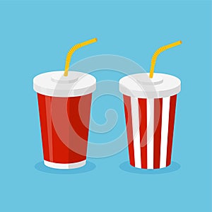 Soda set plastic disposable cup with drinking straw.