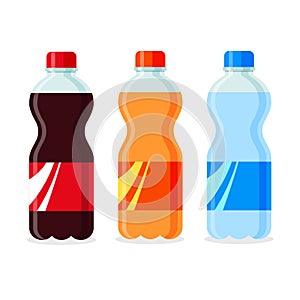 Soda set in plastic or glass bottles.