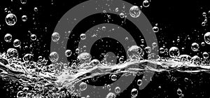 Soda water bubbles splashing underwater against black background