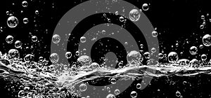 Soda water bubbles splashing underwater against black background