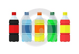 Soda, water and juice or tea bottles icons. Nature drinks
