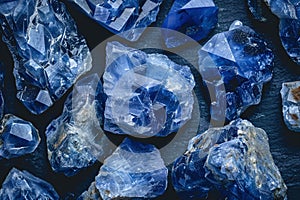 sodalite crystals geode close up on black background, esoteric blue mineral texture on dark surface