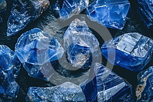 sodalite crystals geode close up on black background, esoteric blue mineral texture on dark surface