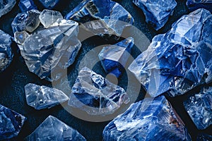 sodalite crystals geode close up on black background, esoteric blue mineral texture on dark surface