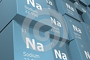 Sodium, 3D rendering background of cubes of symbols of the elements of the periodic table