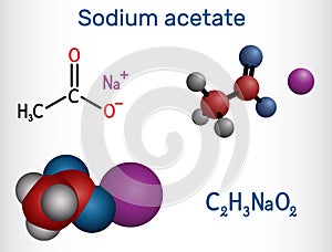 Sodium acetate molecule. It is food additive E262. Structural chemical formula and molecule model photo