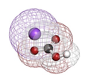 Sodium bicarbonate (baking soda), chemical structure. 3D rendering. Atoms are represented as spheres with conventional color