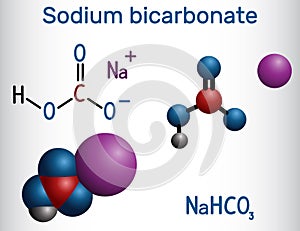Sodium bicarbonate molecule, known as baking soda. Structural chemical formula and molecule model photo