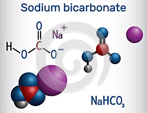 Sodium bicarbonate molecule, known as baking soda. Structural chemical formula and molecule model