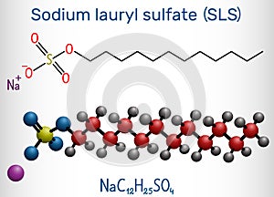 Sodium dodecyl sulfate SDS, sodium lauryl sulfate SLS molecule. It is an anionic surfactant used in cleaning and hygiene