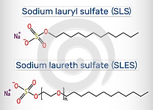 Sodium dodecyl sulfate SDS, sodium lauryl sulfate SLS, sodium laureth sulfate SLES molecule. It is an anionic surfactant