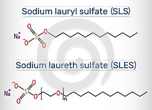 Sodium dodecyl sulfate SDS, sodium lauryl sulfate SLS, sodium laureth sulfate SLES molecule. It is an anionic surfactant photo