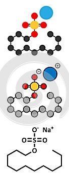 Sodium dodecyl sulfate (SDS, sodium lauryl sulfate) surfactant molecule. Commonly used in cleaning products. Stylized 2D