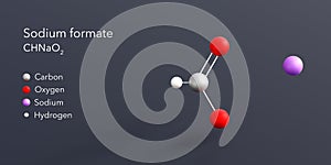 sodium formate molecule 3d rendering, flat molecular structure with chemical formula and atoms color coding photo