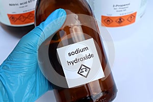 Sodium hydroxide in bottle, chemical in the laboratory