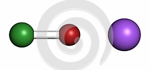 Sodium hypochlorite (NaOCl) molecule. Aqueous solution is known as (liquid) bleach. Atoms are represented as spheres with