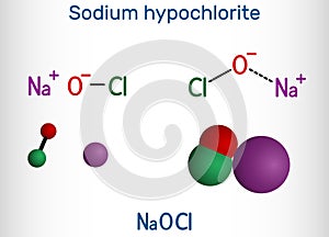 Sodium hypochlorite, NaOCl  molecule. It contains a sodium cation and a hypochlorite anion. It is used as a liquid bleach and