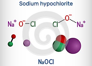 Sodium hypochlorite, NaOCl  molecule. It contains a sodium cation and a hypochlorite anion. It is used as a liquid bleach and photo