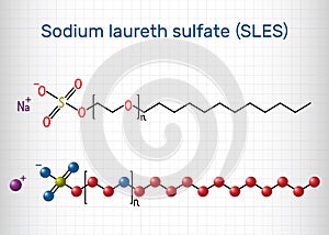Sodium laureth sulfate SLES molecule. It is an anionic surfactant used in cleaning and hygiene products. Structural chemical photo