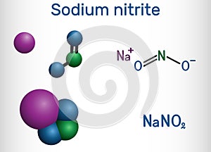 Sodium nitrite, NaNO2 molecule. It is used as a food preservative and antidote to cyanide poisoning. Structural chemical formula