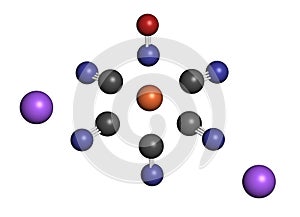 Sodium nitroprusside (SNP) antihypertensive drug molecule. Atoms are represented as spheres with conventional color coding: carbon