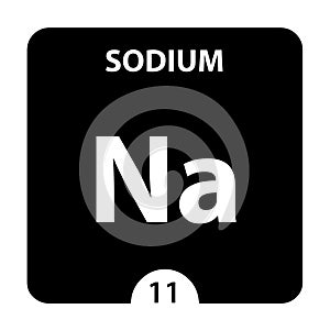 Sodium symbol. Sign Sodium with atomic number and atomic weight. Na Chemical element of the periodic table on a glossy white
