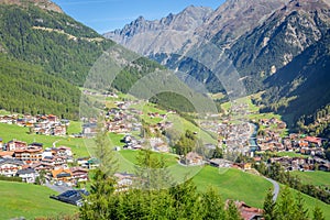 Soelden resort village in Otztal alps at spring, Tyrol, Austria border with Italy